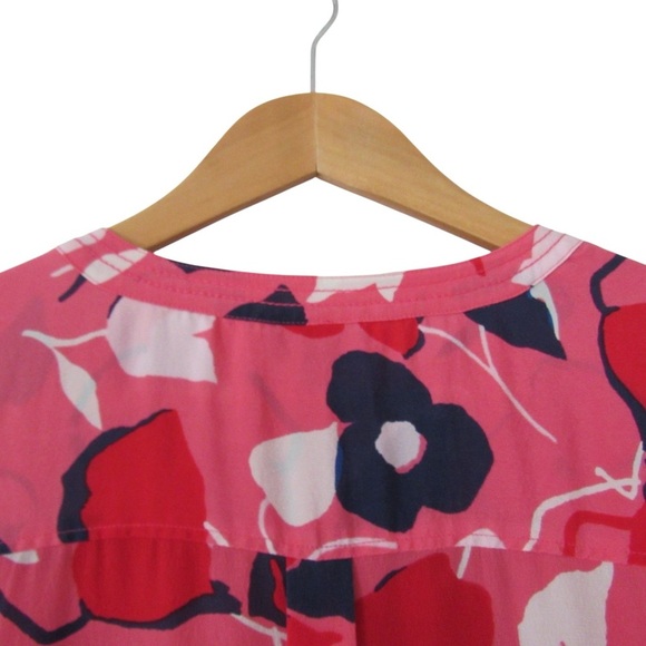 Talbots Pink Red Floral Silk Blouse Large Long Sleeves Roll Tab Careerwear - Picture 8 of 11